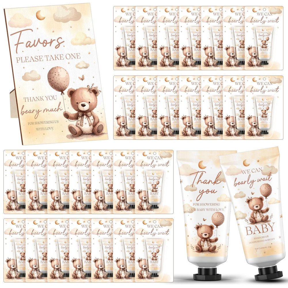 Dansib 30 Pack We Can Bearly Wait Baby Shower Hand Cream Baby Shower Favors Games Prizes Party Favors with 1 Wooden Stand for Guests for Gender Reveal Souvenirs, Gift Bags Stuffers