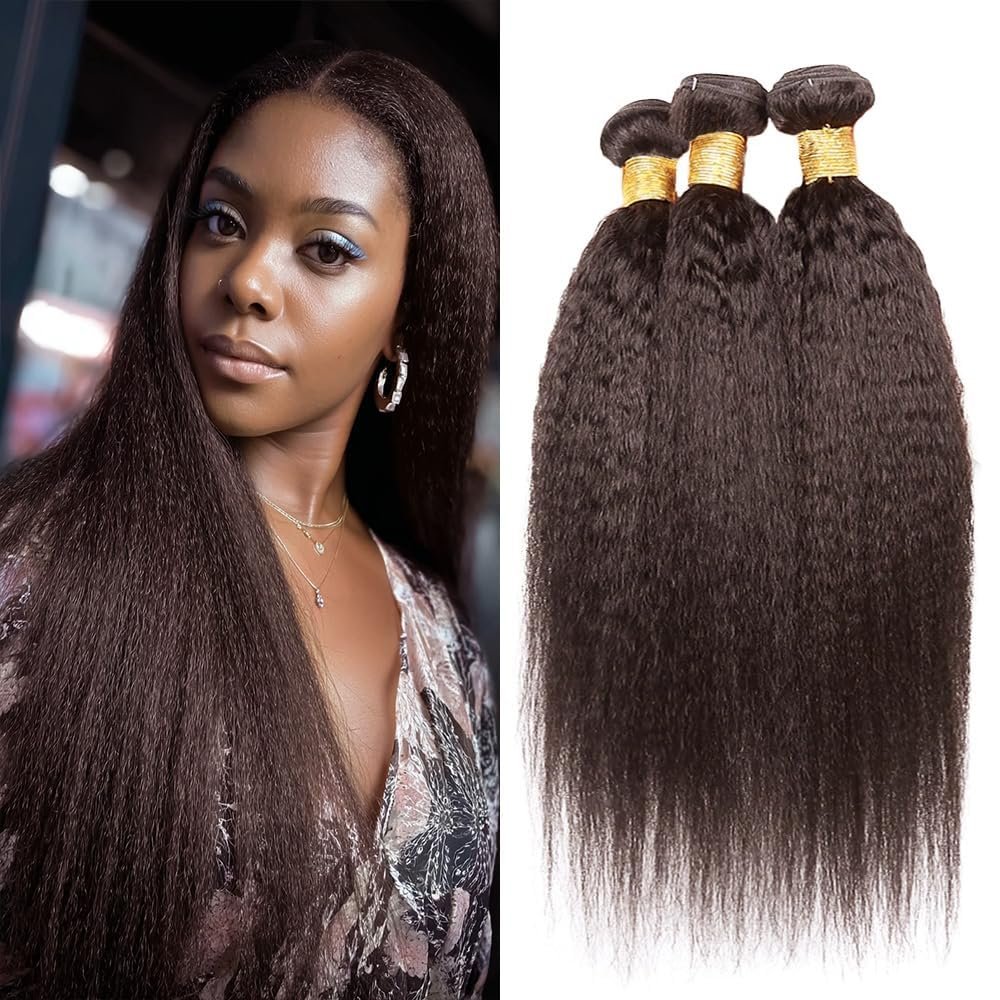 Dokksiiia Dark Brown Kinky Straight Human Hair Bundles Color #4 Yaki Straight Bundles Brazilian Chocolate Brown Weave Double Weft Hair Extensions 18 20 22 Inch Soft & Thick