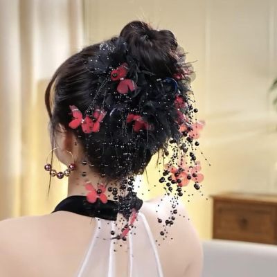 Butterfly Tassel Hair Clip,Butterfly & Beaded Design Hair Claws for Women Hairstyles,Large Butterflies Tears Hairclips(Red)