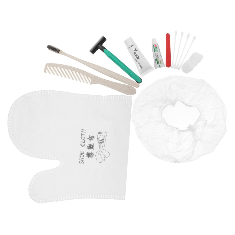 DECOMELODY 1Set Disposable Guesthouse Toiletries Kit of Random Color Toothbrush Comb Care Bag Shower Cap Shoe Cloth Razor Practical Travel Essentials for Hotels and Hostels
