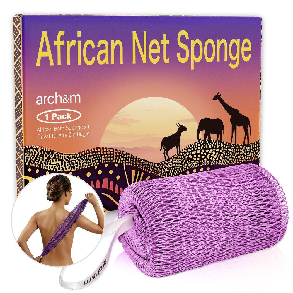 African Exfoliating Net Sponge Afroscrub - Authentic African Net Sponge with Knots Exfoliating Wash Cloths for Body Scrubber Back Scrub Exfoliator for Shower Bath Accessories Lavender by ARCH&M