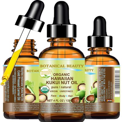 Botanical Beauty Certified Organic KUKUI NUT OIL 100% Pure Natural Virgin Unrefined Cold-Pressed Carrier Oil for Face, Skin, Body, Hair, Lip, Nails. Rich in Vitamin E (4 Fl Oz)