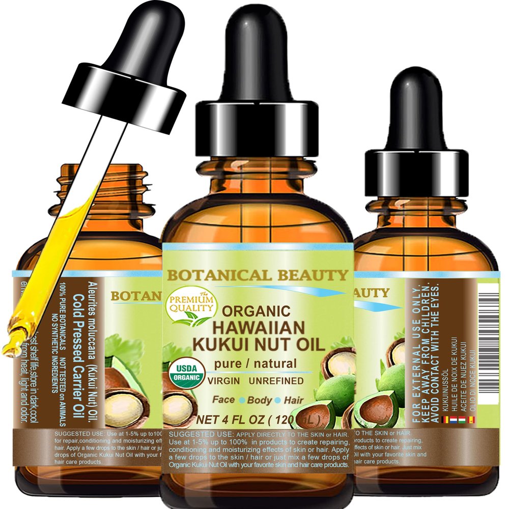 Botanical Beauty Certified Organic KUKUI NUT OIL 100% Pure Natural Virgin Unrefined Cold-Pressed Carrier Oil for Face, Skin, Body, Hair, Lip, Nails. Rich in Vitamin E (4 Fl Oz)