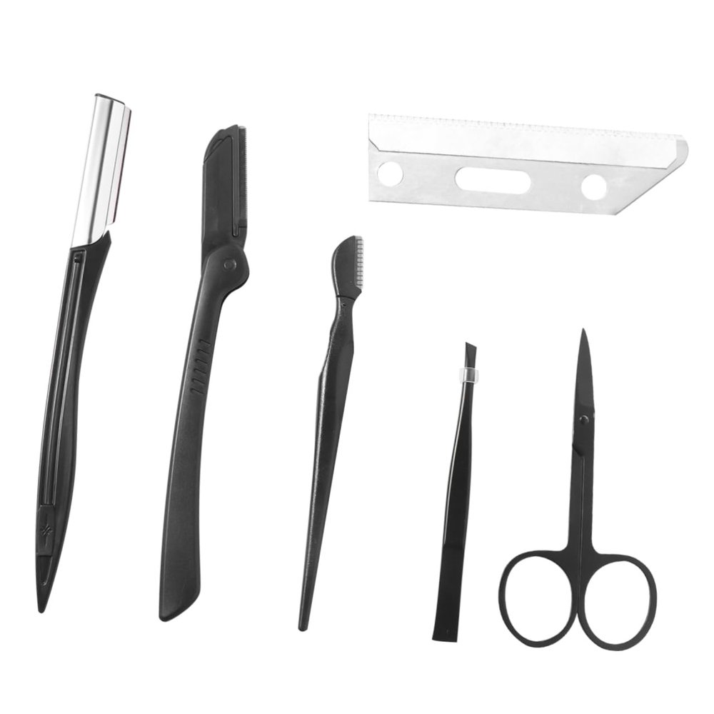 FOMIYES 6-Piece Eyebrow Trimming Set Eyebrow Razor Scissors Tweezers Comb and Eyelash Brush Stainless Steel Black Travel-Friendly Makeup Tools for Women