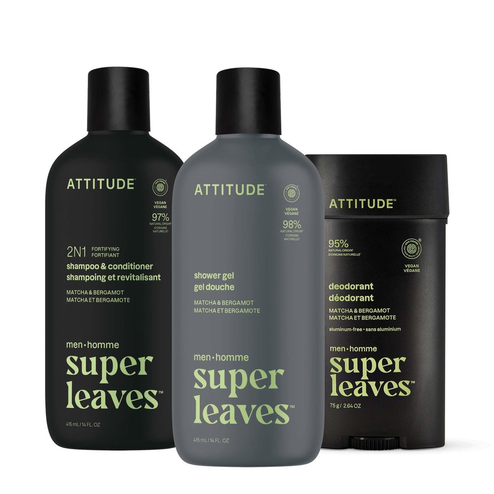 ATTITUDE Body Care Bundle for Men, Shampoo & Conditioner, Shower Gel, Aluminum Free Deodorant, EWG Verified Personal Care, Natural Origin Ingredients, Matcha & Bergamot Scent