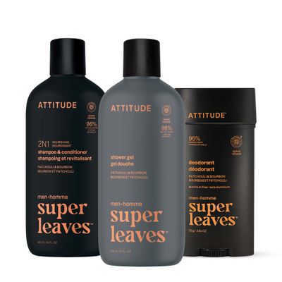 ATTITUDE Body Care Bundle for Men, Shampoo & Conditioner, Shower Gel, Aluminum Free Deodorant, EWG Verified Personal Care, Natural Origin Ingredients, Patchouli & Bourbon