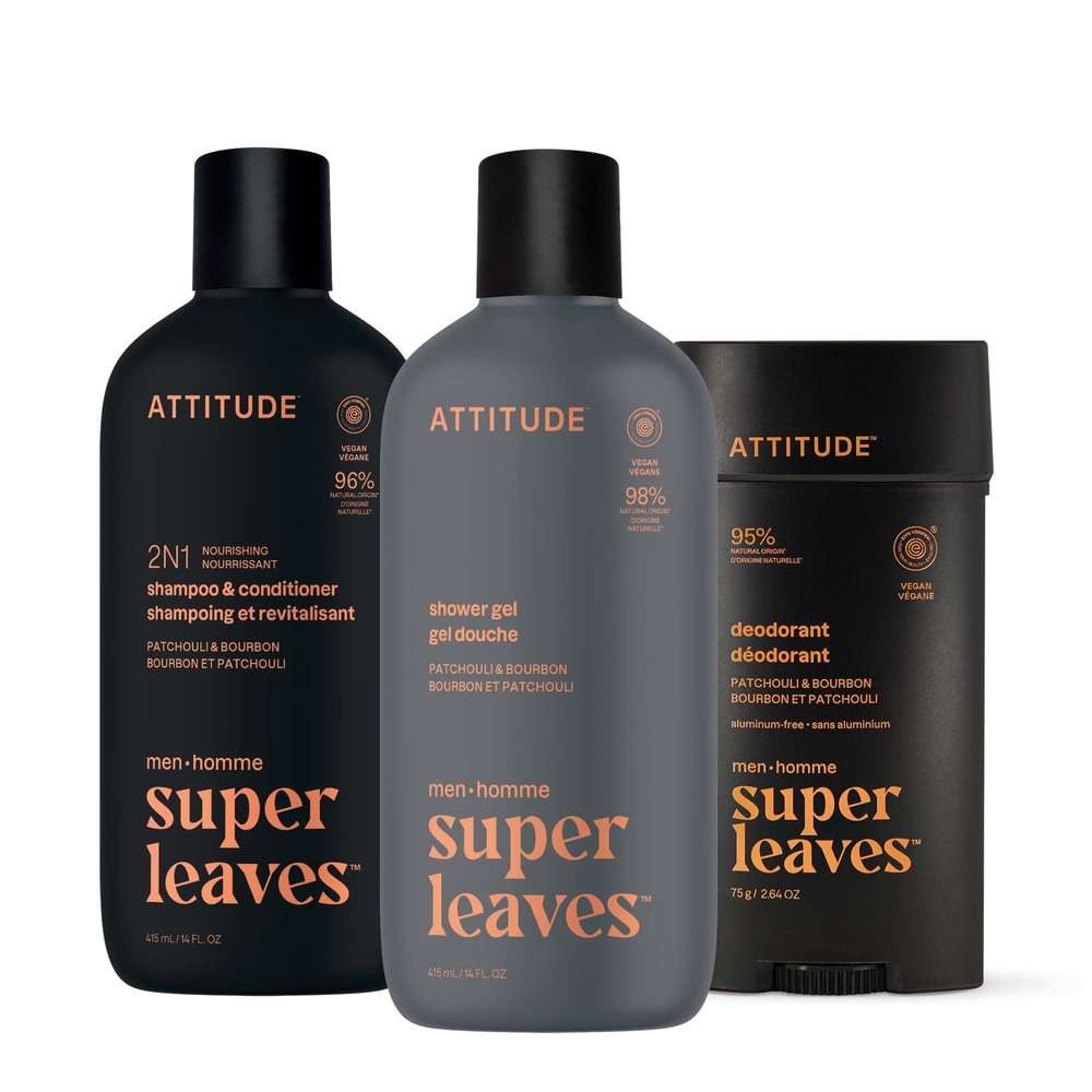 ATTITUDE Body Care Bundle for Men, Shampoo & Conditioner, Shower Gel, Aluminum Free Deodorant, EWG Verified Personal Care, Natural Origin Ingredients, Patchouli & Bourbon