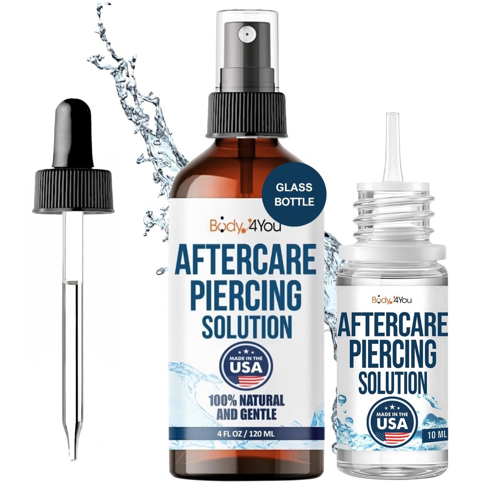 BodyJ4You 2PC Piercing Aftercare Set Spray & Drops - Saline Natural Recovery Formula - Tea Tree Sea Salt Aloe Rosemary - Ear Piercing Kit Gauges Navel - Wound Care Keloid Bump Removal