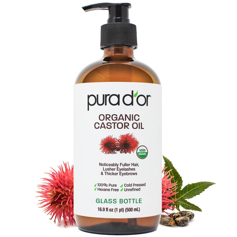 PURA D'OR 16.9 oz Organic Castor Oil (GLASS BOTTLE) Pure Cold-Pressed Hexane-Free USDA Certified Lashes Brows Hair Scalp Skin Botanical Moisturizer for Softness Strength Hydration Shine Radiance
