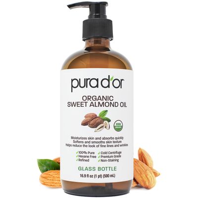 PURA D'OR 16.9 Oz ORGANIC Sweet Almond Oil (GLASS BOTTLE) 100% Pure & Natural USDA Certified Cold Pressed Carrier Oil For DIY Beauty - Non-Greasy, Unscented, Hexane Free Moisturizer - For Hair & Skin