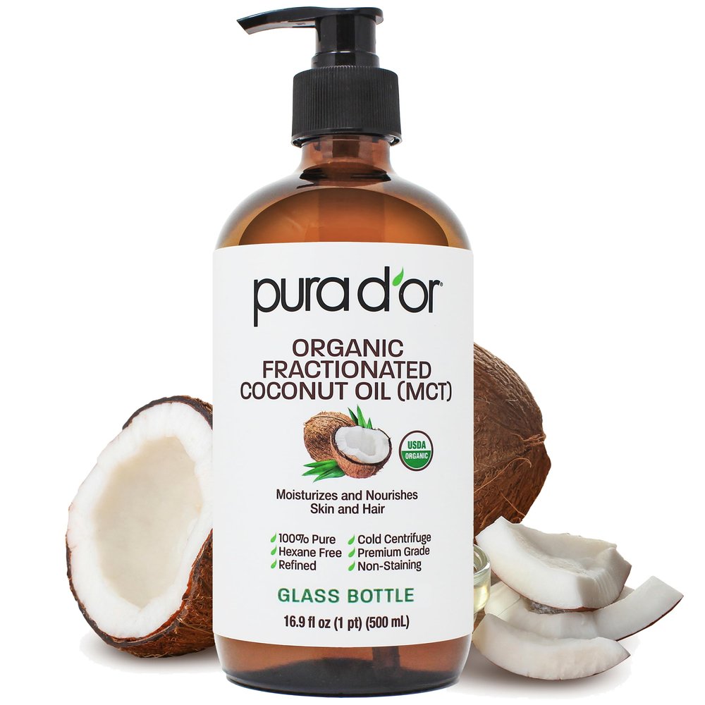PURA D'OR 16.9 Oz ORGANIC Fractionated Coconut Oil (GLASS BOTTLE) USDA Certified MCT Oil Therapeutic, Lightweight Moisturizer Hexane Free Carrier Oil For Essential Oils, Massage Face, Hair, Body