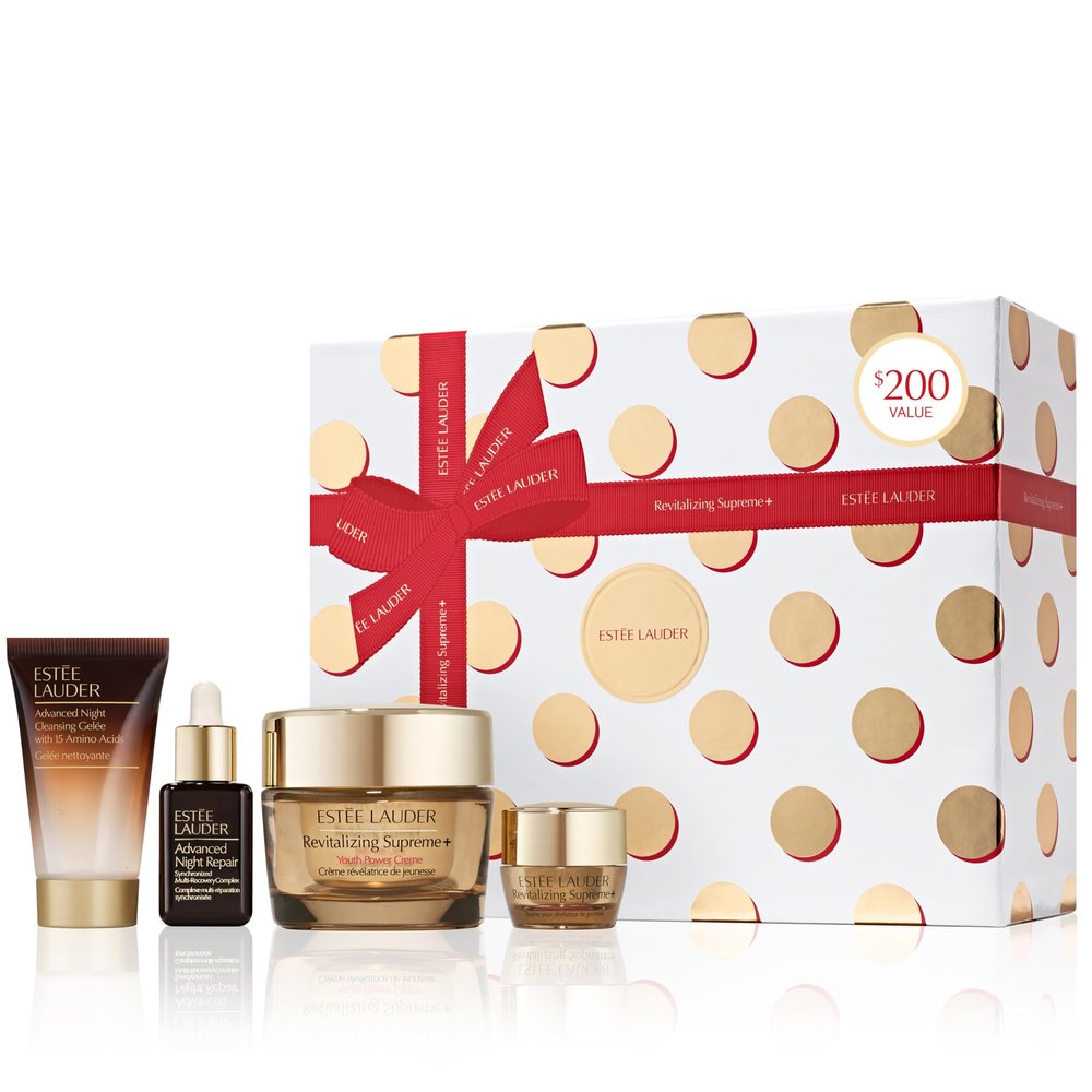 Este Lauder Revitalizing Supreme+ Holiday Skincare Gift Set | The Lift + Firm Routine | Includes Full-Size Moisturizer 1.7 Ounce + Cleanser 1 Fl Oz, Eye Cream 0.17 Ounce, Face Serum 0.5 Fl Oz