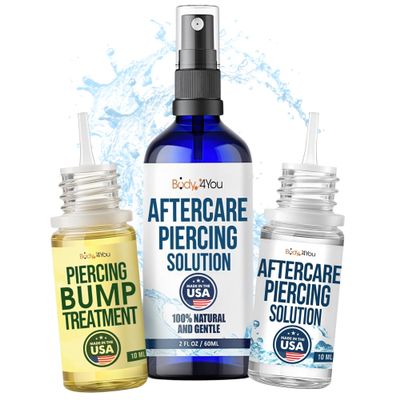 BodyJ4You Piercing Aftercare 3PC Bundle - Piercing Spray Piercing Bump Treatment Piercing Saline Drops - Natural Piercing Care Kit for Ear Nose Septum Cartilage Navel
