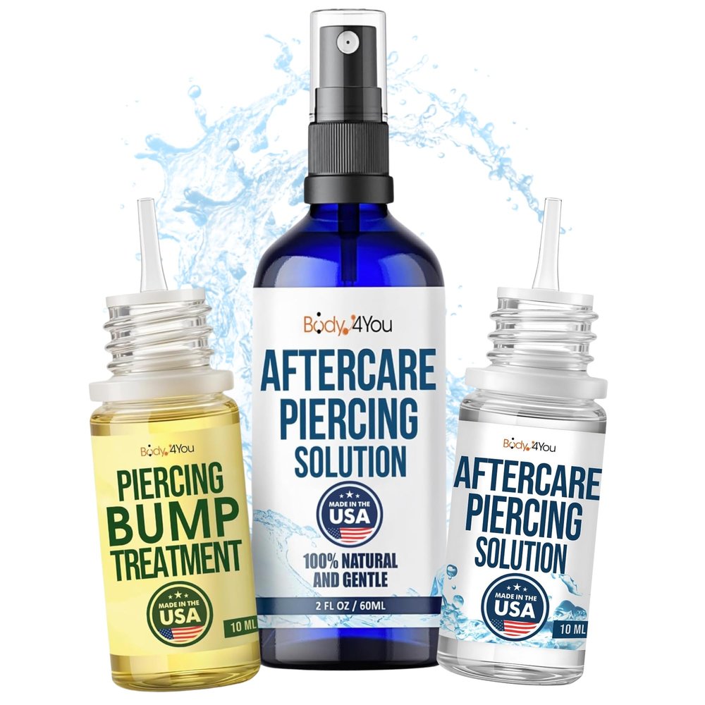BodyJ4You Piercing Aftercare 3PC Bundle - Piercing Spray Piercing Bump Treatment Piercing Saline Drops - Natural Piercing Care Kit for Ear Nose Septum Cartilage Navel