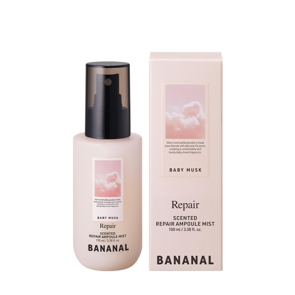 BANANAL Korean Scented Hair Serum Mist  Argan Oil & Silk Protein Ampoule for Nourishing, Frizz Control, Damaged Repair & Glass Hair Shine  Baby Musk, 100ml / 3.38 fl oz