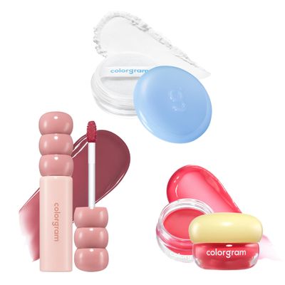COLORGRAM Fruity Glass Tint 15 Satisfied Fig + TINTIN DORY LIP JAM 05 Watermelon Jam + TINTIN DORY Blur Powder | Glossy Dewy Lip Tint and Pudding Pot Lip Balm and Oil-Control Compact Setting Powder