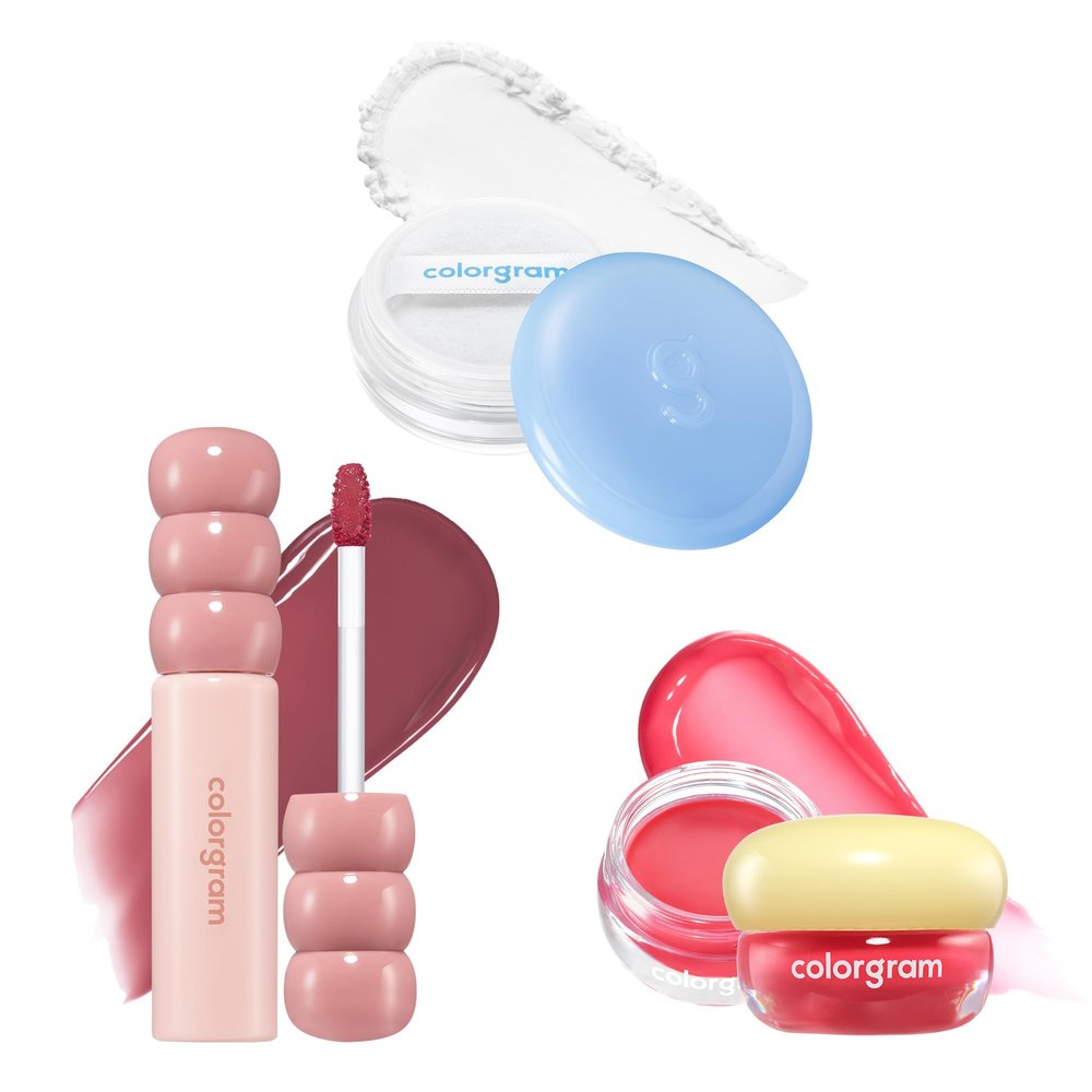 COLORGRAM Fruity Glass Tint 15 Satisfied Fig + TINTIN DORY LIP JAM 05 Watermelon Jam + TINTIN DORY Blur Powder | Glossy Dewy Lip Tint and Pudding Pot Lip Balm and Oil-Control Compact Setting Powder