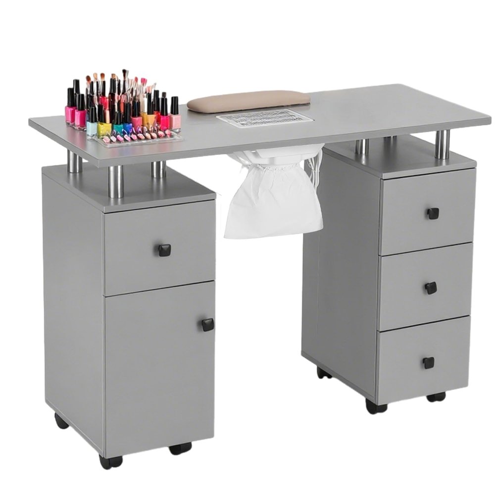 Manicure Table Nail Tech Desk with Electric Dust Collector, Nail Table Station w/Charging Socket, 4 Drawers, Lockable Wheels & Wrist Rests  Professional Nail Station for Salon & Home, Slate Gray