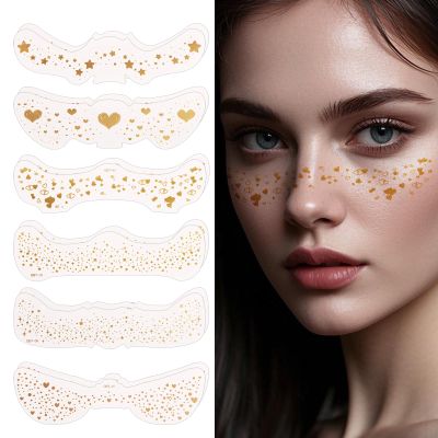 12pcs Gold Freckles Temporary Face Tattoos, 6 Design Sparkle Makeup Patches Waterproof Glow Up Face Glitter Speckles Cosmetic Stickers for Women Makeup Festival Dancing Carnival Party