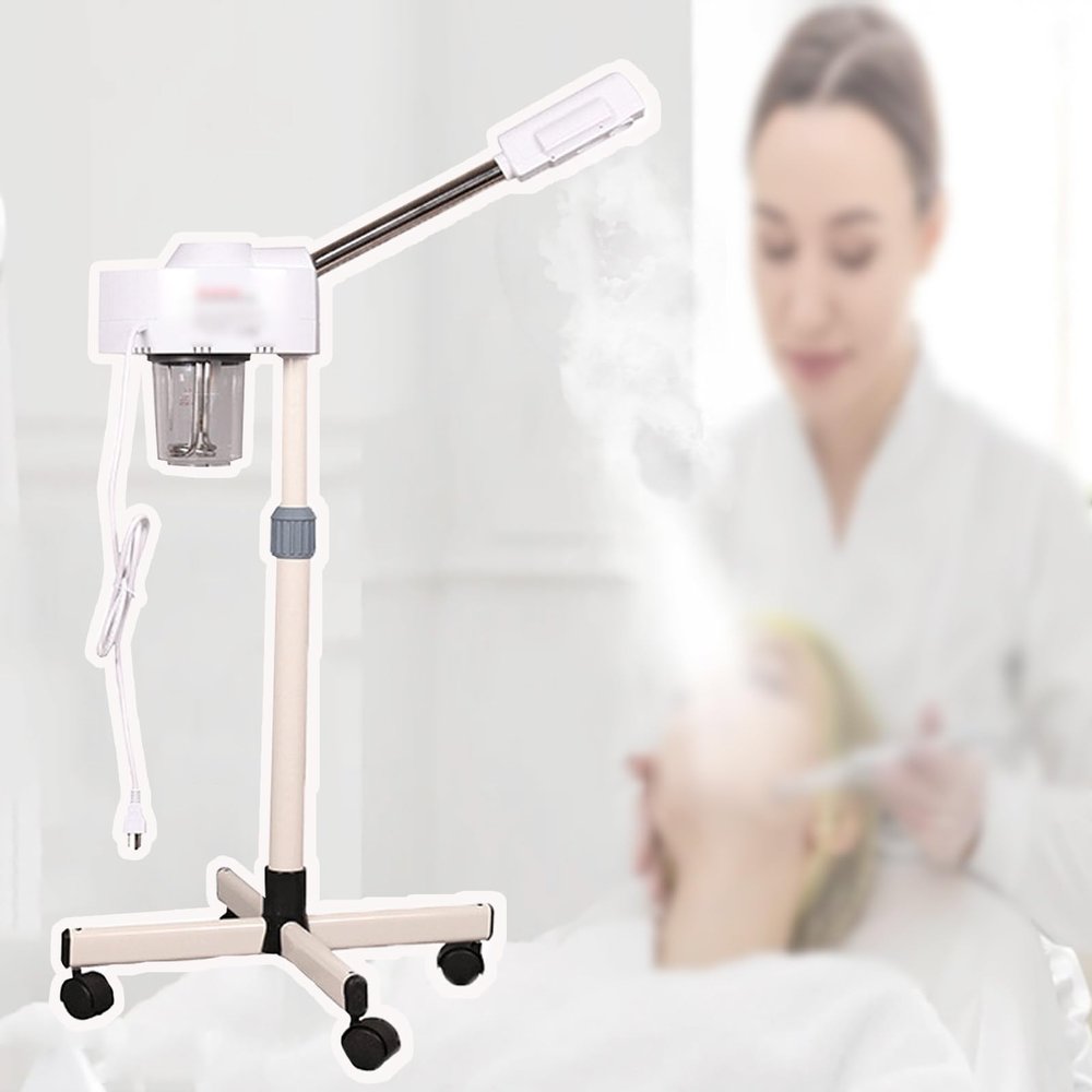 2-in-1 Thermal Spray Facial Steamer,On Wheels,650ml Water Tank,Adjustable Height,360 Rotating Nozzle,Ionic Ozone,Simple Use Panel,for Spa Beauty,Home Use,White