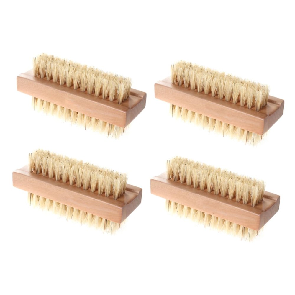 WEKAMOS 4PCS Wooden Nail Cleaning Brush Set Natural Pig Bristle Two-Sided Hand and Foot Scrubber for Manicure and Pedicure Non-Slip Handle for Fingernail and Toenail Care