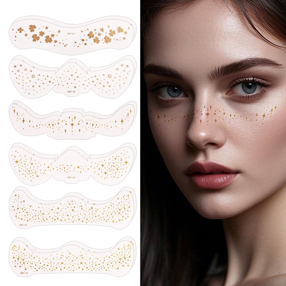 12pcs Face Freckles Makeup Patches, 6 Designs Glitter Gold Freckles Waterproof Sparkle Face Stickers Cute Star Dot Flower Temporary Tattoos for Women Concerts Festival Rave Makeup Accessories