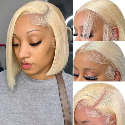 10 Inch Straight Brazilian Virgin Hair 613 Blonde Bob Wigs Human Hair 180% Density Pre Plucked Natural Hairline Short Bob Wig 13x6 HD Transparent Lace Frontal Wigs Human Hair for Women