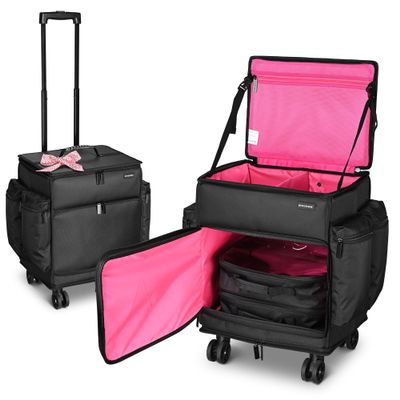 BYOOTIQUE Rolling Makeup Train Case Soft Sided Nylon Fabric Travel Cosmetic Organizer Storage Makeup Trolley Trolley Suitcase for Makeup Artist, Pink