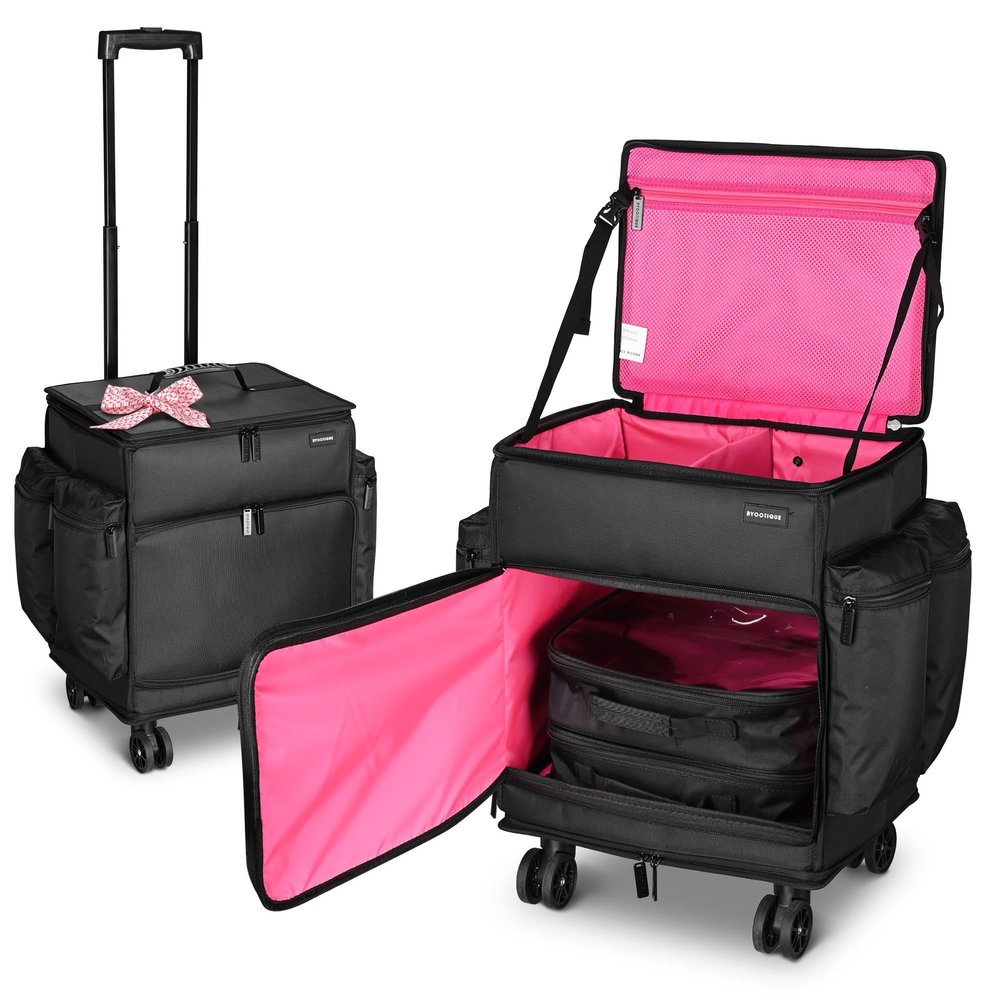BYOOTIQUE Rolling Makeup Train Case Soft Sided Nylon Fabric Travel Cosmetic Organizer Storage Makeup Trolley Trolley Suitcase for Makeup Artist, Pink