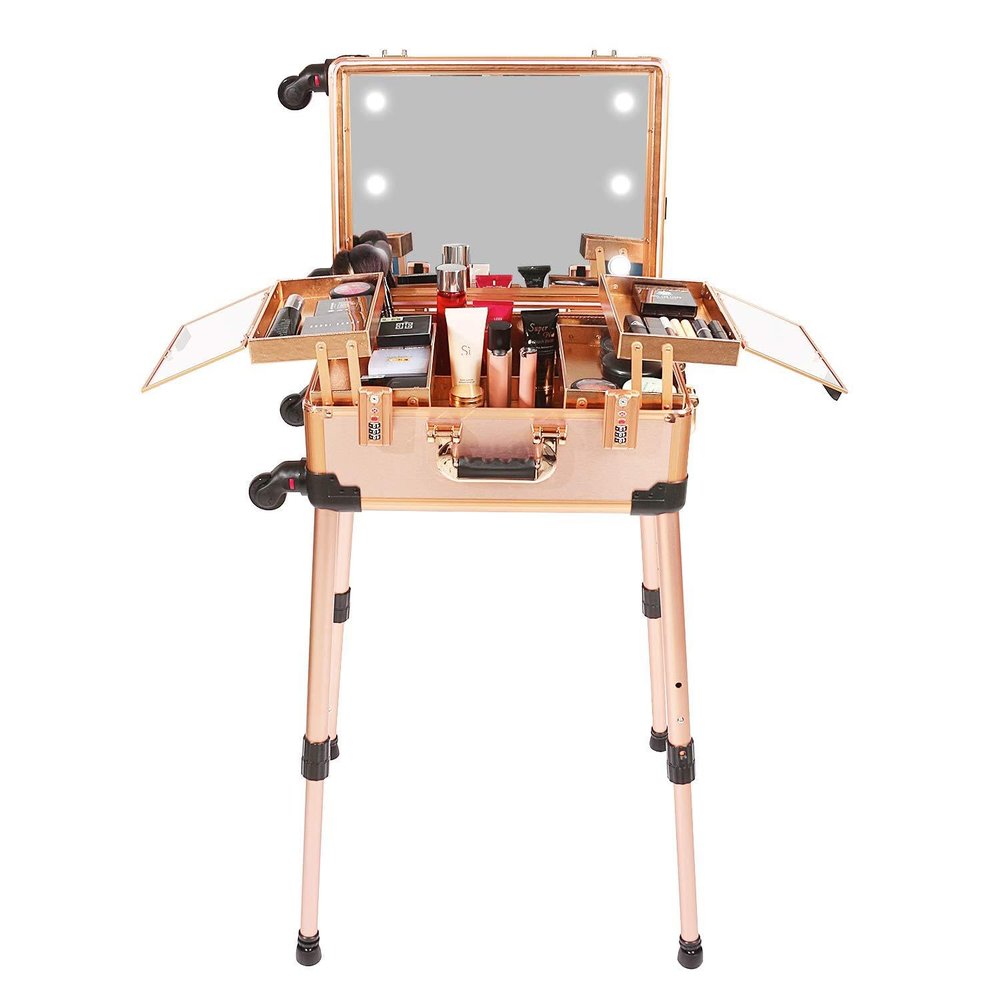 22 Inch Large Capacity Aluminum Alloy Trolley Cosmetic Case with Lamp and Mirror, Professional Follow-up Artist, Makeup Artist Toolbox