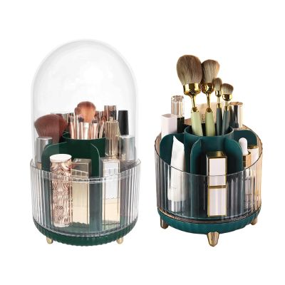 360 Rotating Dustproof Makeup Brush Organizer Makeup Brush Holder Organizer with Lid, for Vanity Bathroom Countertop with 7 Slots(Green)