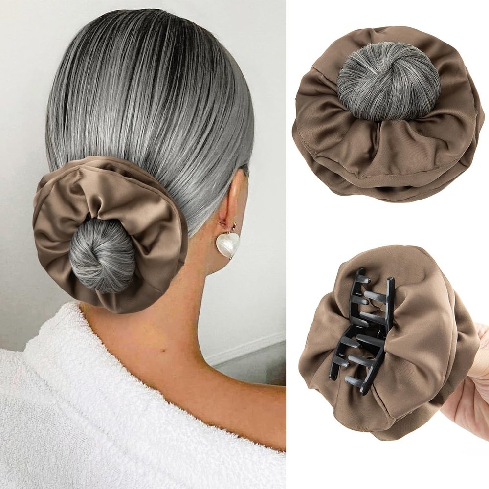 SARLA Small Sleek Claw Clip Hair Bun with Hair Scrunchies Hairpieces for Women Synthetic Elegant Updo Donut Chignon Ponytail Ease Use Dark Grey