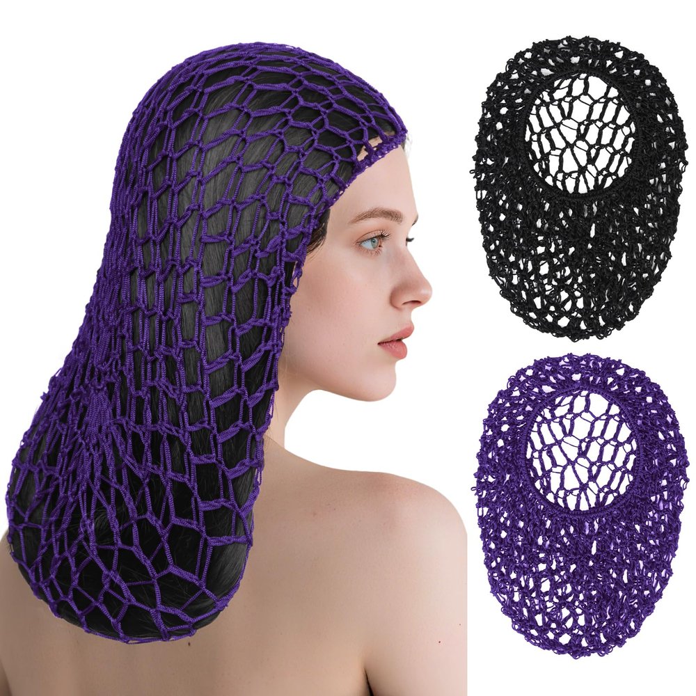 2 PCS Long Hair Nets for Sleeping Mesh Crochet Hair Wrap Breathable Sleep Cap for Women Reusable Elastic HairnetBlackPurple