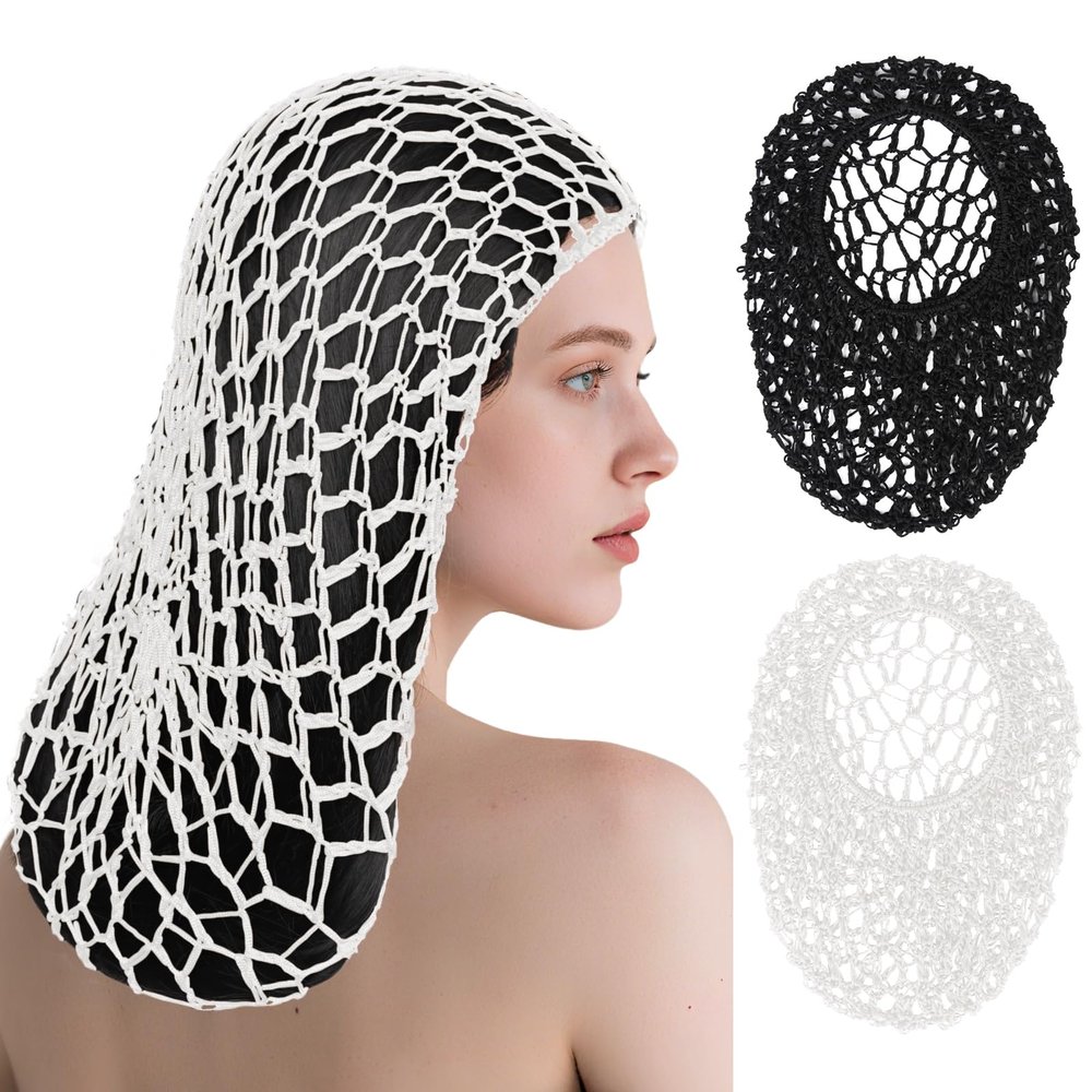 2 PCS Long Hair Nets for Sleeping Mesh Crochet Hair Wrap Breathable Sleep Cap for Women Reusable Elastic HairnetBlackWhite