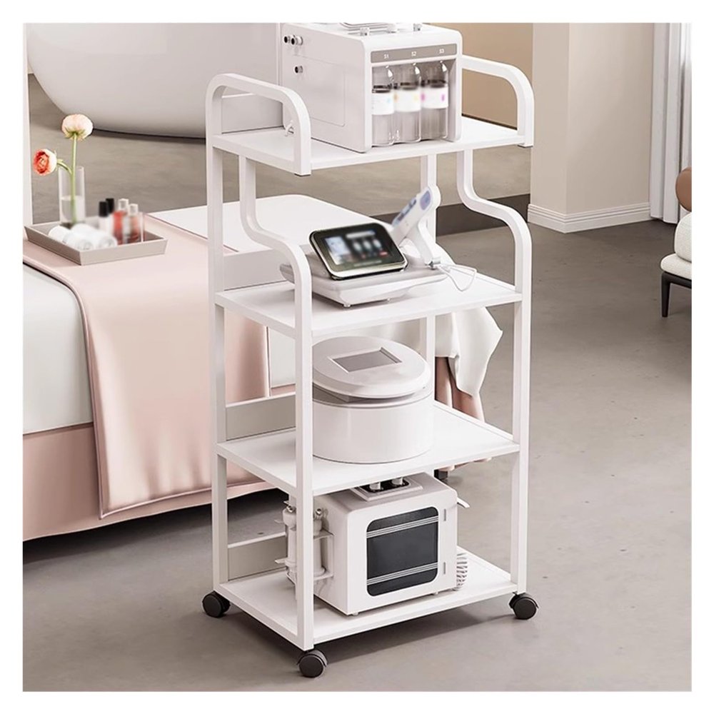 Mobile Esthetician Cart on Wheels, 4-Tier Salon Storage Trolley, Rolling Organizer for Beauty Spa, 3-Tier Shelves, White Makeup Cart, Mobile Storage Solution