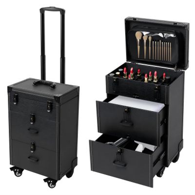 CAIHAOA Rolling Makeup Train Case, Professional Cosmetology Case on Wheels, 2 Large Drawers, 4 Wheels(2 with Brakes), Cosmetic Trolley Travelling Cart for Makeup Enthusiasts, Hair Barbers/stylists