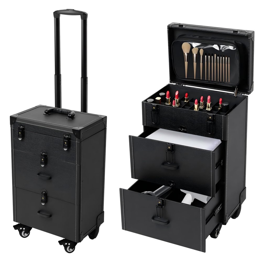 CAIHAOA Rolling Makeup Train Case, Professional Cosmetology Case on Wheels, 2 Large Drawers, 4 Wheels(2 with Brakes), Cosmetic Trolley Travelling Cart for Makeup Enthusiasts, Hair Barbers/stylists