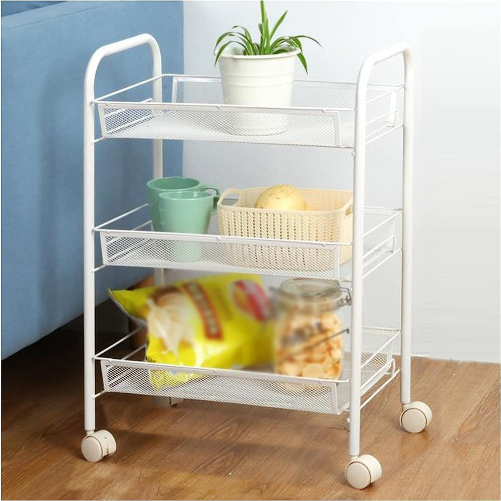 3-Tier Rolling Salon Trolley Storage Cart - Multifunctional Grid Shelving Unit with Smooth Finish, Durable Carbon Steel Frame, Perfect for Beauty Salons, Spa, and Home Use - White
