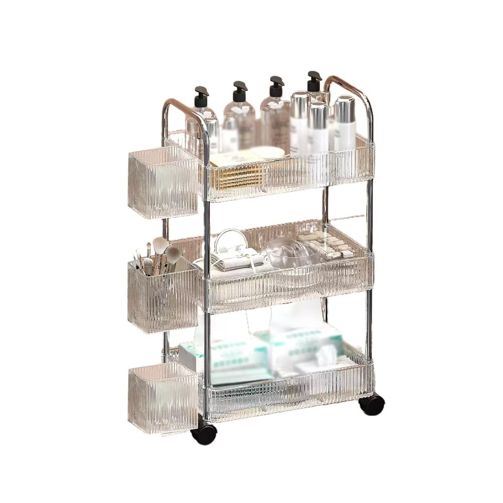 Beauty Salon Trolley with Wheels, 360 Swivel Casters, Hanging Basket, Compact Storage Rack for Barbershop, Spa, Tattoo - Clear, 38x28x77cm