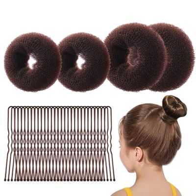 34PCS/Set Hair Bun Maker, 4 Sizes Coffee Hair Bun Donut with Bobby Pins for Kids Girls, TIE, Shapers
