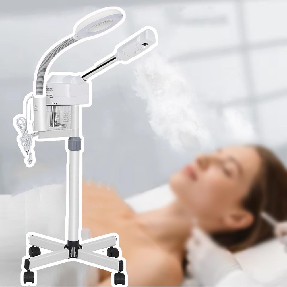 2-in-1 Beauty Facial Steamer,Hot Mist Facial Humidifier Atomizer with Led Light,650ml Water Tank,Adjustable Height,360 Rotating Nozzle,Ionic Ozone,Simple Use Panel,for Spa Beauty,White