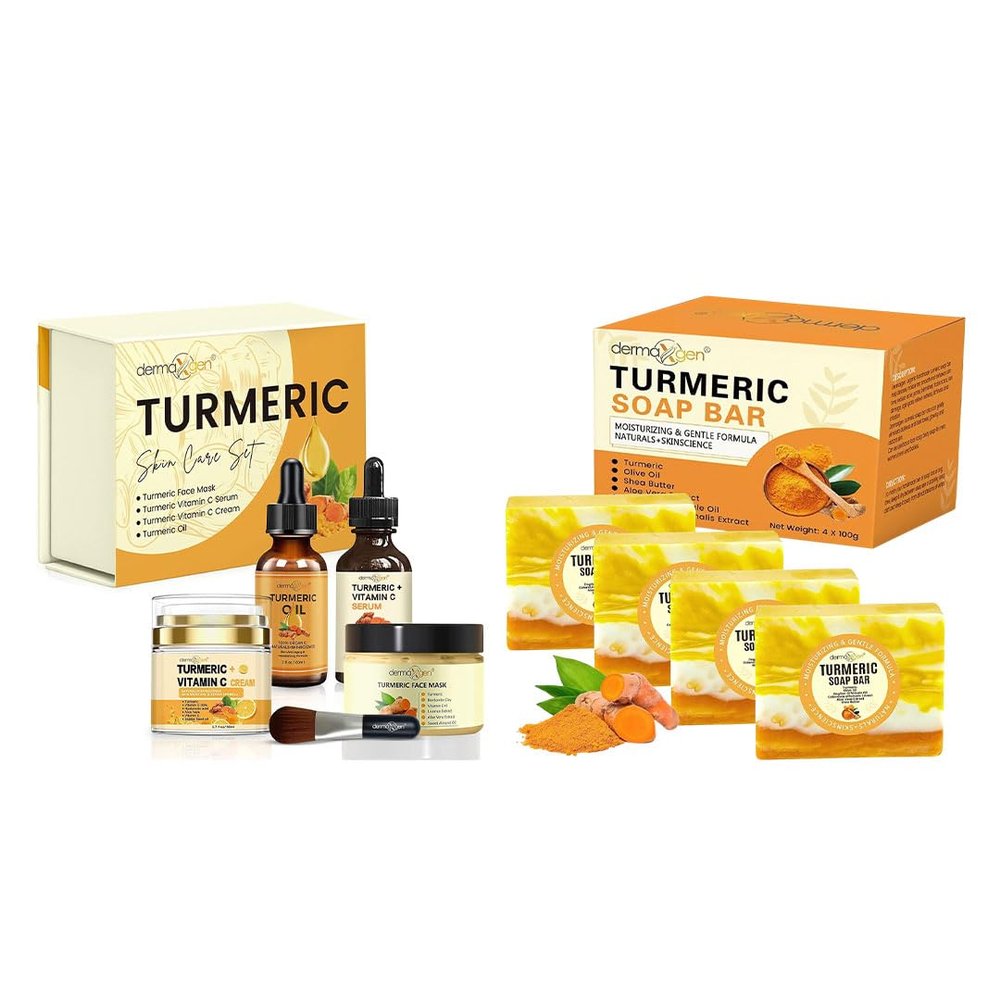 Turmeric Skincare Bundle  Glow Boosting Moisturizer & Organic Soap Set for Face & Body  Hydrating & Clarifying Formula with Natural Ingredients  Helps Cleanse, Refresh & Balance Skin  8-Piece Set
