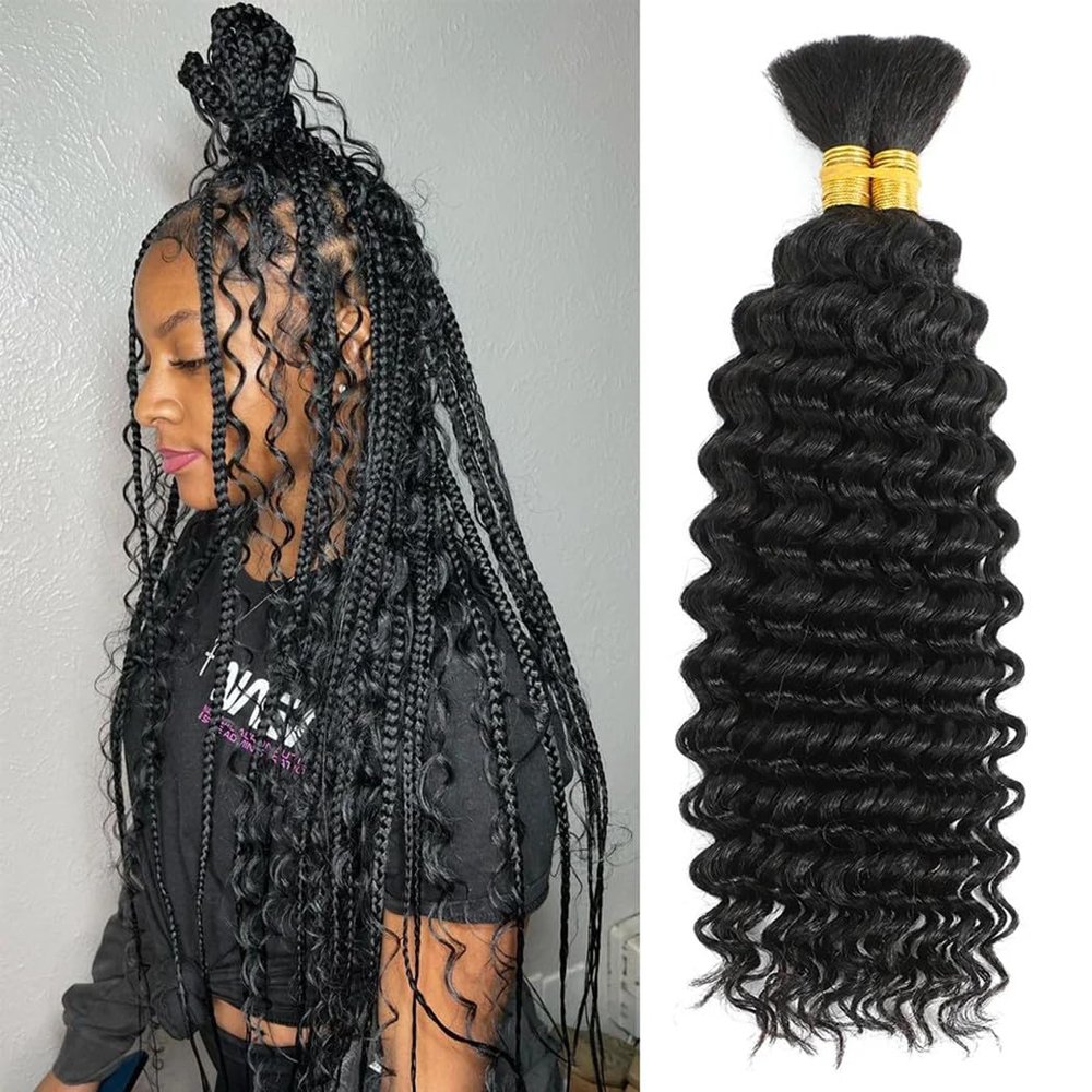 100 Percent Human Braiding Hair for Boho Braids Curly Deep Wave Bulk Human Hair for Micro Braiding Hair Bohemian Boho Knotless Braids 2 Bundles 100g Wet and Wavy 100% Human Hair Extensions No Weft