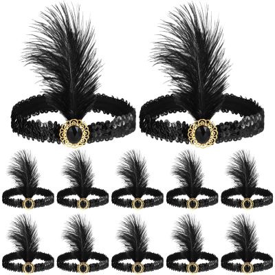 12 Pcs 1920S Vintage Flapper Feather Headbands For Women, Classic Black Headpieces For Hair Accessories