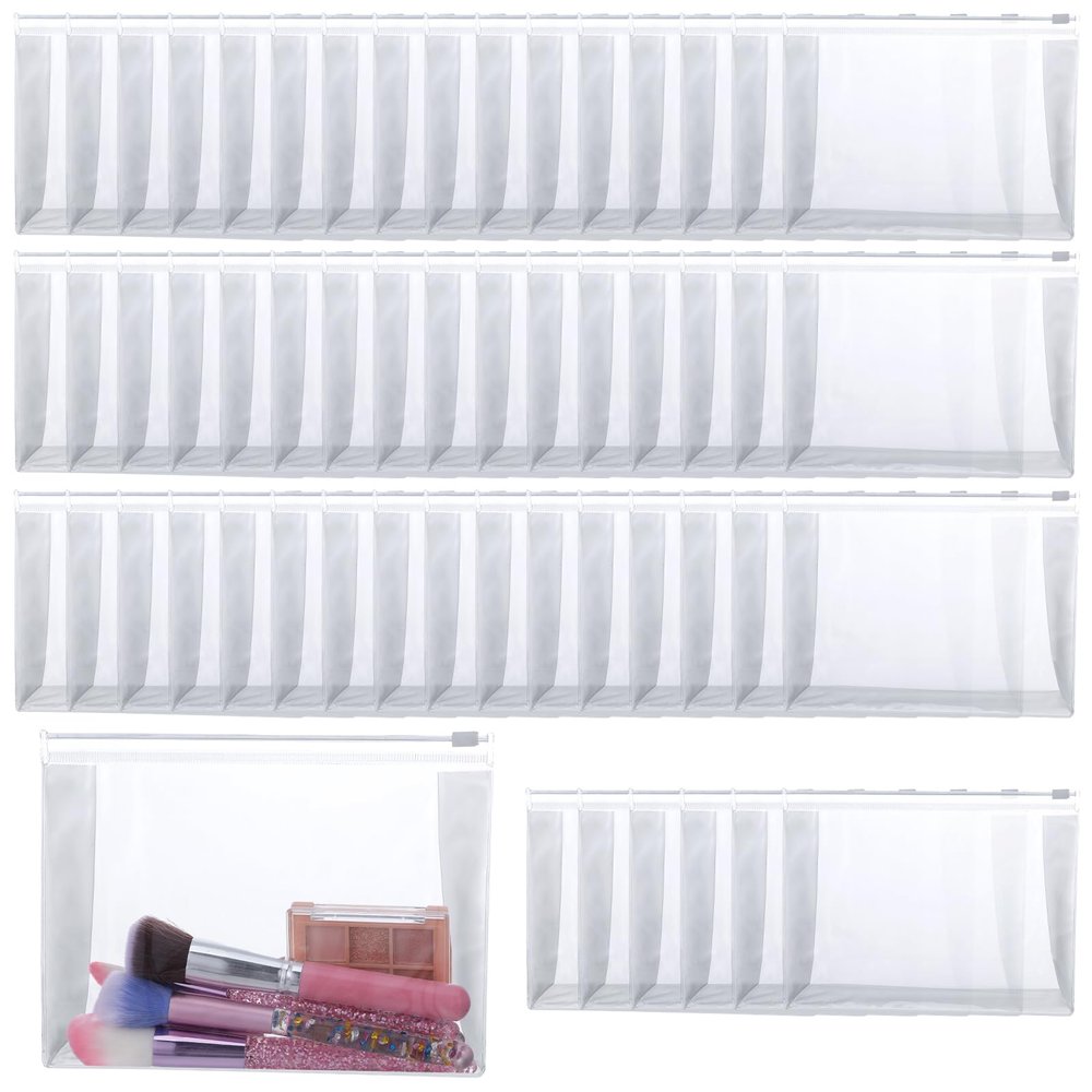 50 Pcs Mini Clear Makeup Bags Bulk with Zipper 7.87"5.91"1.97" Portable Reusable Small Clear Zipper Pouches PVC Waterproof Travel Cosmetic Bag Make Up Bags Bulk for Women Men Vacation Toiletry
