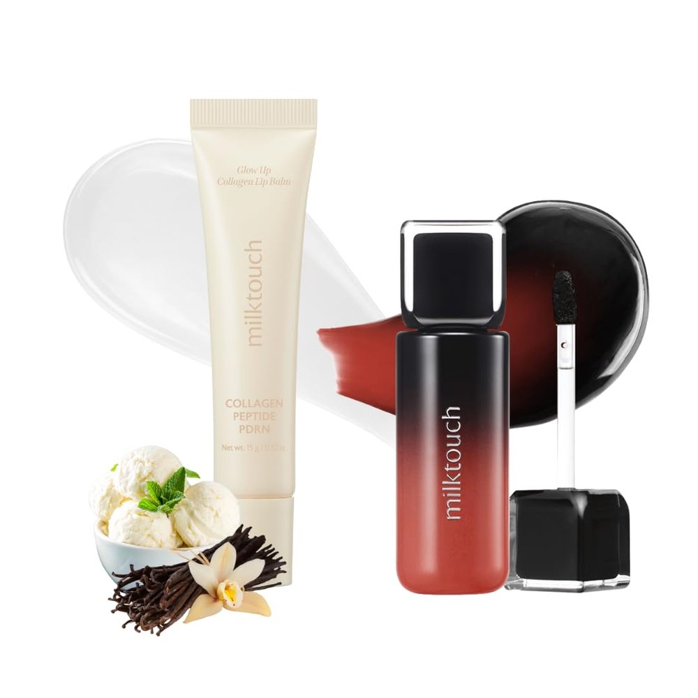 MILKTOUCH [Summer-proof Lip Combo] Black Peel Off Lip Tattoo #05 Black Fig + Collagen Lip Balm Christmas Gift Sets #VanillaCake