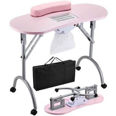BEUDUOQI Portable & Foldable Manicure Table, Nail Desk Workstation with 4 Lockable Wheels, Client Wrist Pad, Free Carrying Bag, Professional Nail Desk for Home Travel Beauty Salon Workstation,Pink