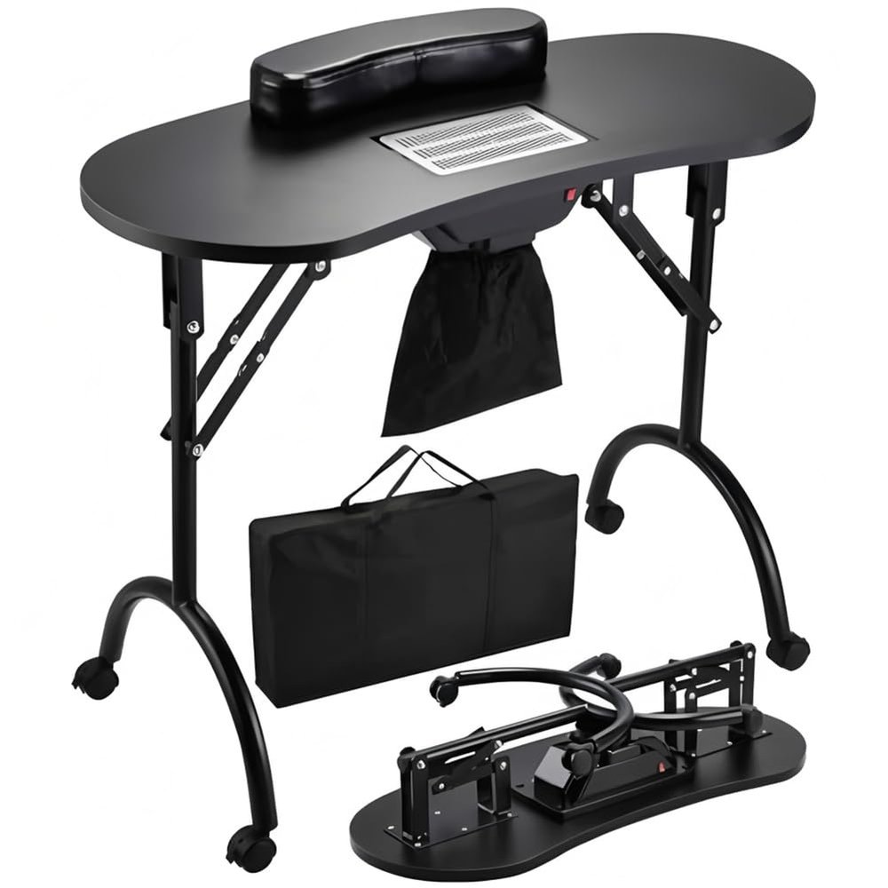 BEUDUOQI Portable & Foldable Manicure Table, Nail Desk Workstation with 4 Lockable Wheels, Client Wrist Pad, Free Carrying Bag, Professional Nail Desk for Home Travel Beauty Salon Workstation,Black b
