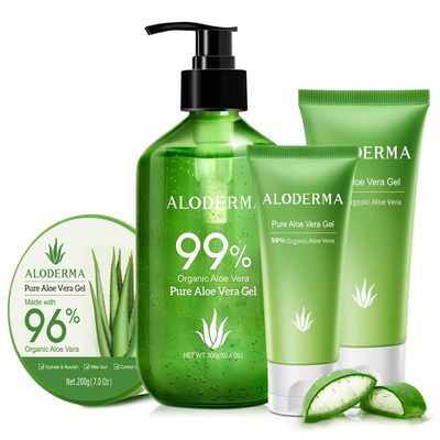 Aloderma Aloe Vera Gels Set, 4 Pieces - 300g Aloe Gel, 200g Aloe Gel, 114g Aloe Vera Gel & 45g Aloe Vera Gel - Hydrating, Soothing