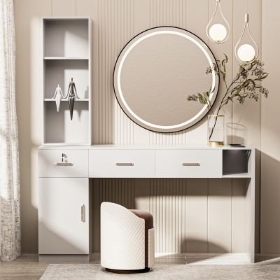 EMERAT Salon Station for Hair Stylist Station Barber Desk - Barber Station Wall Mount with Cabinet,Hair Stations Equipment Hair Dryer Holder,Drawers,Barber Beauty Station Without Mirror(White)